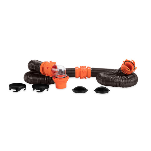 Camco RhinoFLEX Camper/RV Sewer Hose Kit with 4-in-1 Adapter & Clear Elbow, Includes Caps for Convenient Storage, Fits 3″ Slip & NPT Threaded Sewer Connections 39741