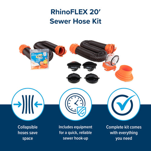Camco RhinoFLEX Camper/RV Sewer Hose Kit with 4-in-1 Adapter & Clear Elbow, Includes Caps for Convenient Storage, Fits 3″ Slip & NPT Threaded Sewer Connections 39741