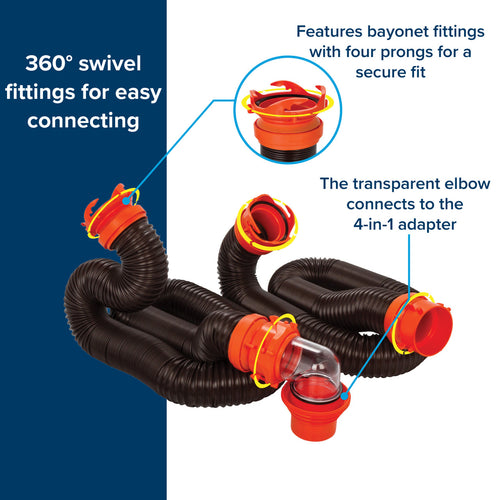 Camco RhinoFLEX Camper/RV Sewer Hose Kit with 4-in-1 Adapter & Clear Elbow, Includes Caps for Convenient Storage, Fits 3″ Slip & NPT Threaded Sewer Connections 39741