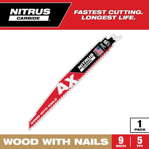 Milwaukee 9 5 TPI AX™ w/NITRUS™ Carbide Teeth SAWZALL® Blade for Wood with Nails