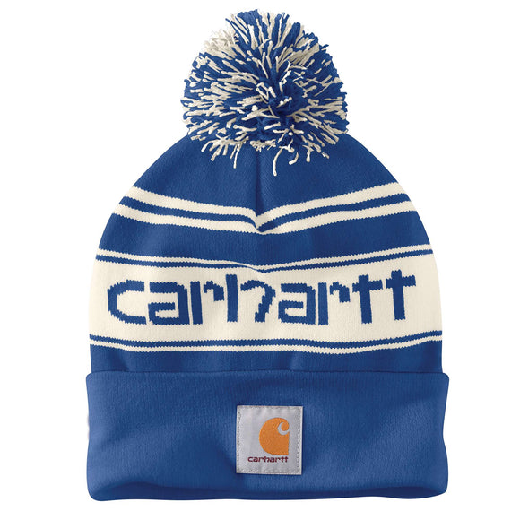 Carhartt Knit Pom-Pom Cuffed Logo Beanie (Red/Winter White Marl, OS)