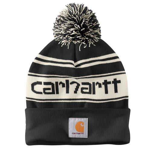 Carhartt Knit Pom-Pom Cuffed Logo Beanie (Red/Winter White Marl, OS)