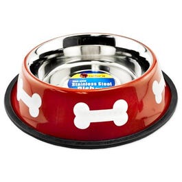 Pet Bowl, Red/White Stainless Steel, 32-oz.