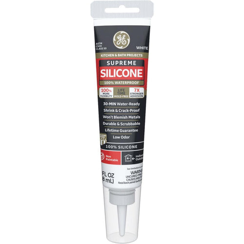 GE Supreme Silicone Kitchen & Bath Sealant- Squeeze, White, 2.8oz